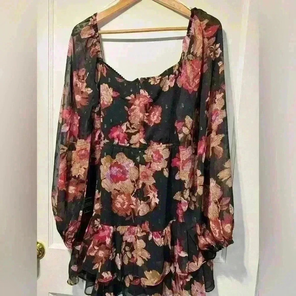 NWT Lulus Dramatically Dreamy Black Floral Chiffon Tiered Lurex Mini Dress - Picture 6 of 14